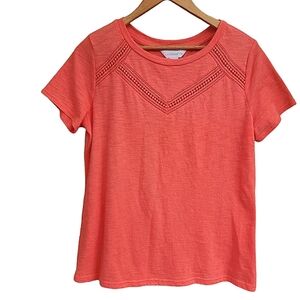 Womens S Liz Claiborne Minimalist Orange Short Sleeve Embroidered Crochet Top